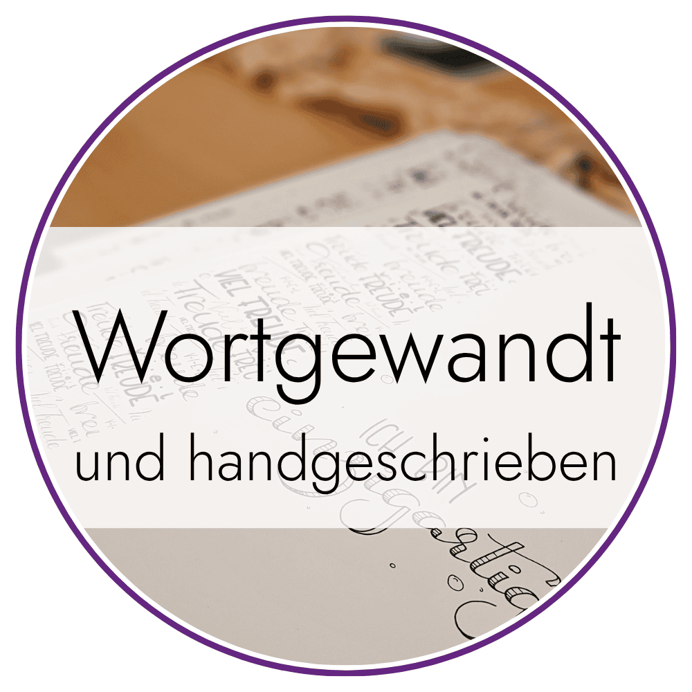 Kreis mit Schleife "Wortgewandt und handgeschrieben"